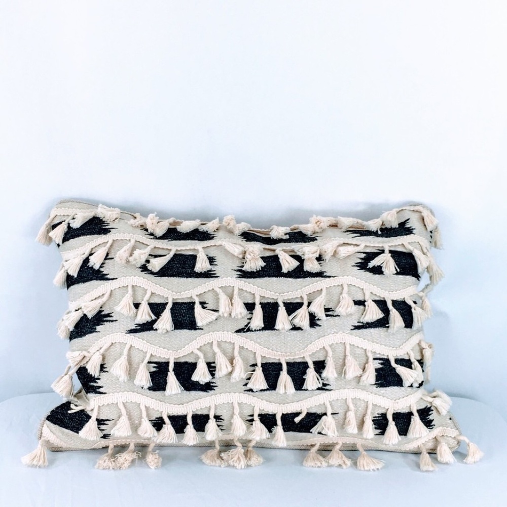 Villa Home Collection Fringe Tribal Accent Throw Pillow Creme Black Down Filled